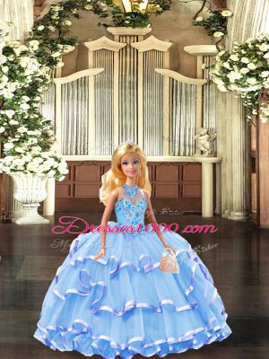 Traditional Blue Quince Ball Gowns Halter Top Sleeveless Lace Up