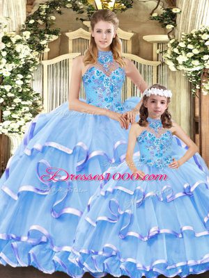 Traditional Blue Quince Ball Gowns Halter Top Sleeveless Lace Up