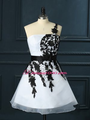 White Organza Lace Up One Shoulder Sleeveless Mini Length Prom Dresses Lace and Appliques