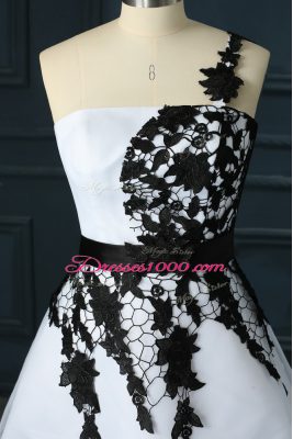 White Organza Lace Up One Shoulder Sleeveless Mini Length Prom Dresses Lace and Appliques