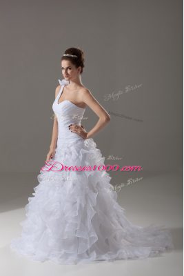 White Lace Up One Shoulder Ruffles and Hand Made Flower Wedding Dress Organza Sleeveless Brush Train
