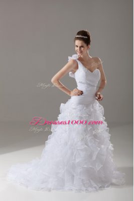 White Lace Up One Shoulder Ruffles and Hand Made Flower Wedding Dress Organza Sleeveless Brush Train