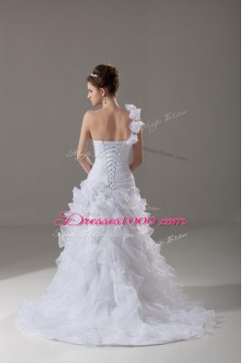 White Lace Up One Shoulder Ruffles and Hand Made Flower Wedding Dress Organza Sleeveless Brush Train