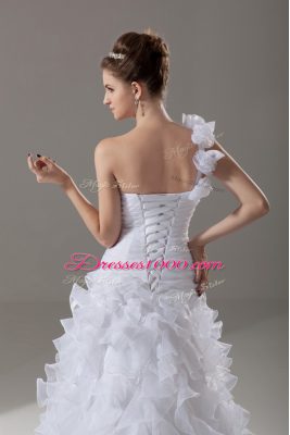 White Lace Up One Shoulder Ruffles and Hand Made Flower Wedding Dress Organza Sleeveless Brush Train