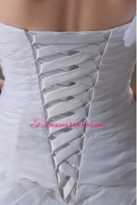 White Lace Up One Shoulder Ruffles and Hand Made Flower Wedding Dress Organza Sleeveless Brush Train