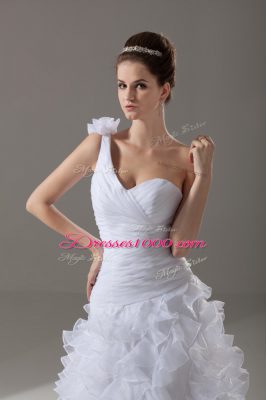 White Lace Up One Shoulder Ruffles and Hand Made Flower Wedding Dress Organza Sleeveless Brush Train