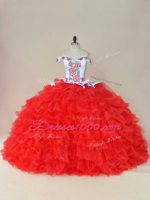 Dazzling Sleeveless Brush Train Lace Up Embroidery and Ruffles 15 Quinceanera Dress
