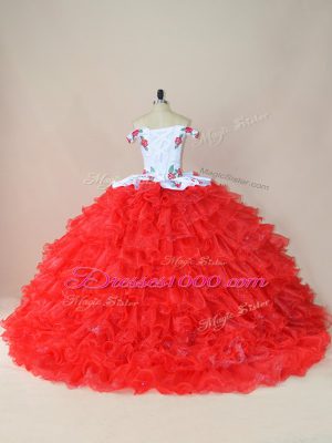 Dazzling Sleeveless Brush Train Lace Up Embroidery and Ruffles 15 Quinceanera Dress