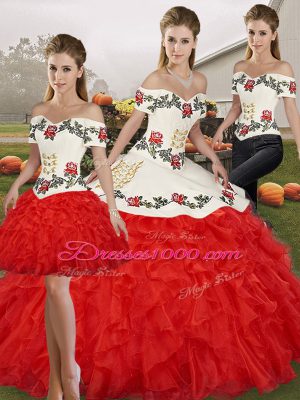 Off The Shoulder Sleeveless 15th Birthday Dress Floor Length Embroidery and Ruffles White And Red Organza