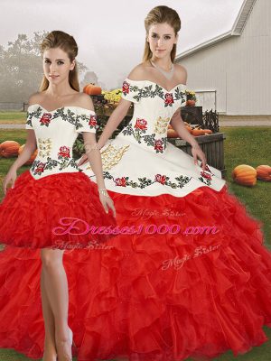 Off The Shoulder Sleeveless 15th Birthday Dress Floor Length Embroidery and Ruffles White And Red Organza