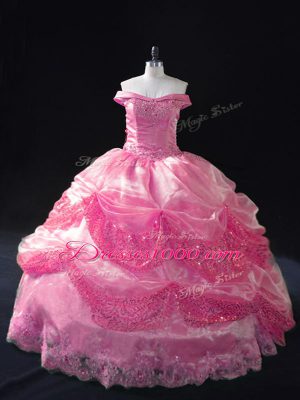 Rose Pink Lace Up Off The Shoulder Beading and Sequins Sweet 16 Dresses Organza Sleeveless