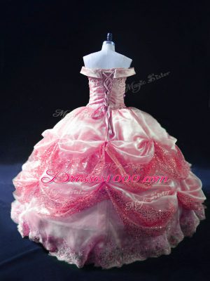 Rose Pink Lace Up Off The Shoulder Beading and Sequins Sweet 16 Dresses Organza Sleeveless