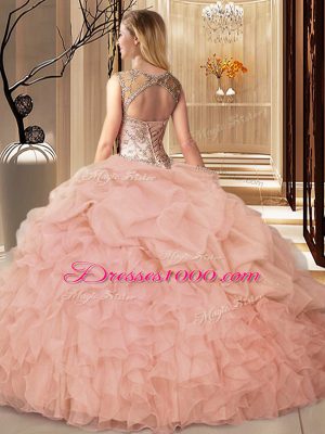 Luxurious Peach Organza Lace Up Scoop Sleeveless Floor Length Vestidos de Quinceanera Beading and Ruffles and Pick Ups