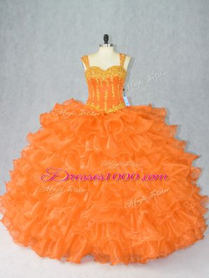 Eye-catching Straps Sleeveless Quinceanera Gown Floor Length Beading and Ruffles Orange Organza