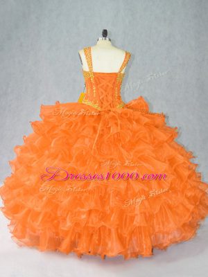 Eye-catching Straps Sleeveless Quinceanera Gown Floor Length Beading and Ruffles Orange Organza