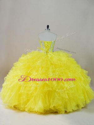 Sumptuous Yellow Organza Lace Up Sweetheart Sleeveless Floor Length Sweet 16 Dresses Beading and Ruffles