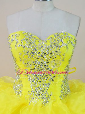 Sumptuous Yellow Organza Lace Up Sweetheart Sleeveless Floor Length Sweet 16 Dresses Beading and Ruffles