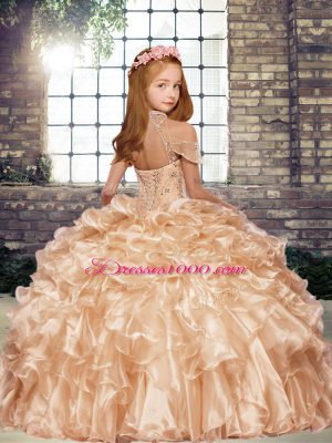 High-neck Sleeveless Little Girl Pageant Dress Floor Length Beading and Ruffles Hot Pink Organza