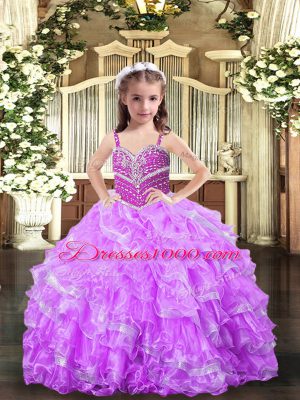 Floor Length Lilac Girls Pageant Dresses Straps Sleeveless Lace Up