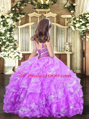 Floor Length Lilac Girls Pageant Dresses Straps Sleeveless Lace Up