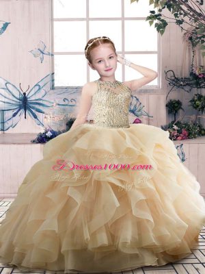 Graceful Champagne Organza Zipper Pageant Gowns Sleeveless Floor Length Beading and Ruffles