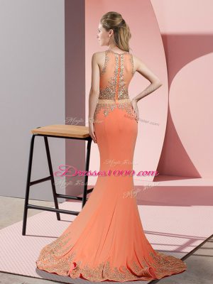 Sleeveless Sweep Train Zipper Beading and Appliques Prom Dress