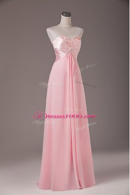 Great Baby Pink Empire Beading Dress for Prom Lace Up Chiffon Sleeveless Floor Length