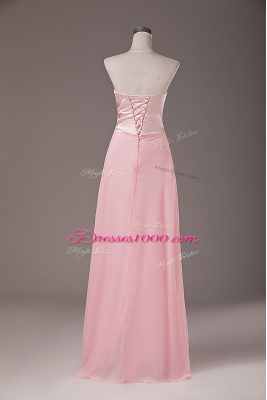 Great Baby Pink Empire Beading Dress for Prom Lace Up Chiffon Sleeveless Floor Length