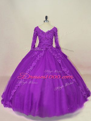 Floor Length Ball Gowns Long Sleeves Purple 15th Birthday Dress Lace Up