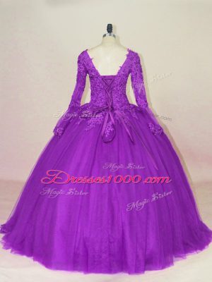 Floor Length Ball Gowns Long Sleeves Purple 15th Birthday Dress Lace Up