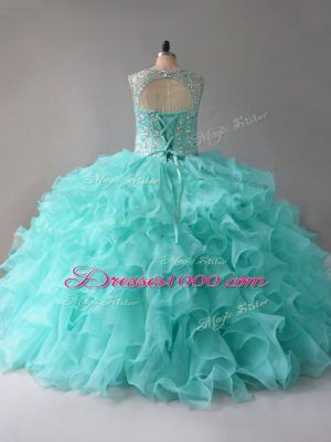 Aqua Blue Organza Lace Up Quinceanera Gowns Sleeveless Floor Length Beading and Ruffles