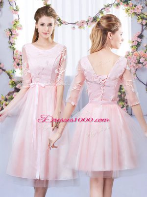 Nice Baby Pink Empire Tulle Scoop Half Sleeves Lace and Belt Tea Length Lace Up Dama Dress