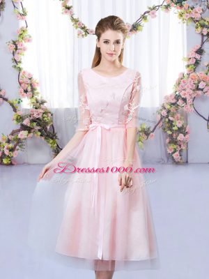 Nice Baby Pink Empire Tulle Scoop Half Sleeves Lace and Belt Tea Length Lace Up Dama Dress