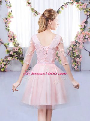 Nice Baby Pink Empire Tulle Scoop Half Sleeves Lace and Belt Tea Length Lace Up Dama Dress