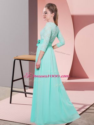 Scoop 3 4 Length Sleeve Chiffon Wedding Guest Dresses Lace and Belt Side Zipper