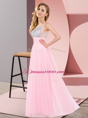 Eye-catching Baby Pink Chiffon Side Zipper Damas Dress Sleeveless Floor Length Beading