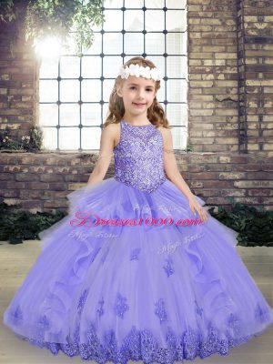 Affordable Scoop Sleeveless Tulle Child Pageant Dress Beading and Appliques Lace Up