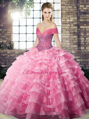 Ideal Off The Shoulder Sleeveless Organza 15 Quinceanera Dress Beading and Ruffled Layers Brush Train Lace Up