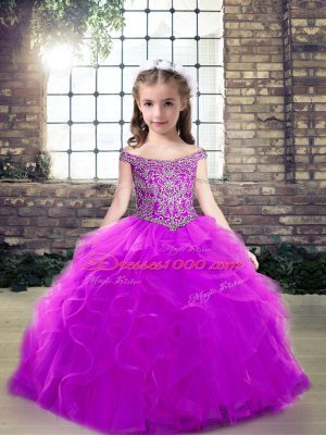 Purple Ball Gowns Tulle Off The Shoulder Sleeveless Beading and Ruffles Floor Length Lace Up Kids Formal Wear