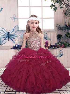 Gorgeous Tulle High-neck Sleeveless Lace Up Beading and Ruffles Little Girls Pageant Gowns in Fuchsia