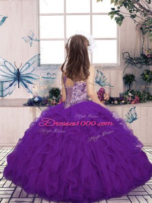 Gorgeous Tulle High-neck Sleeveless Lace Up Beading and Ruffles Little Girls Pageant Gowns in Fuchsia