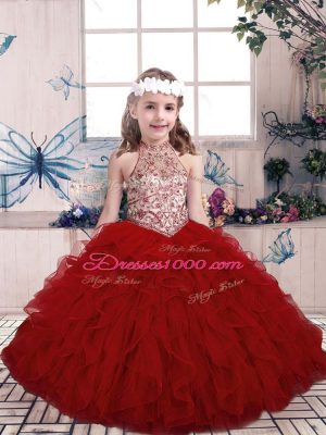 Sleeveless Tulle Floor Length Lace Up Little Girl Pageant Dress in Red with Beading and Ruffles