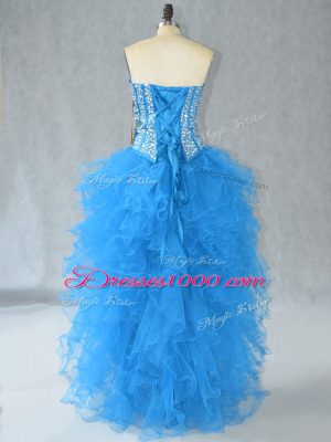 Aqua Blue A-line Beading and Ruffles Pageant Dresses Lace Up Organza Sleeveless High Low