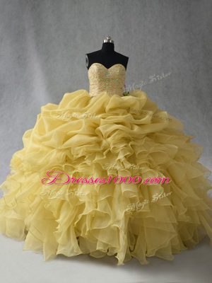 Custom Design Yellow Ball Gowns Beading and Ruffles Vestidos de Quinceanera Lace Up Organza Sleeveless Floor Length