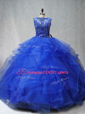 Flirting Royal Blue 15th Birthday Dress Scoop Sleeveless Brush Train Lace Up