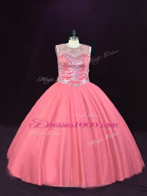 Beauteous Pink Sweet 16 Dresses Sweet 16 and Quinceanera with Beading Scoop Sleeveless Lace Up