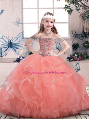 Exquisite Watermelon Red Lace Up Straps Beading and Ruffles Little Girls Pageant Gowns Tulle Sleeveless