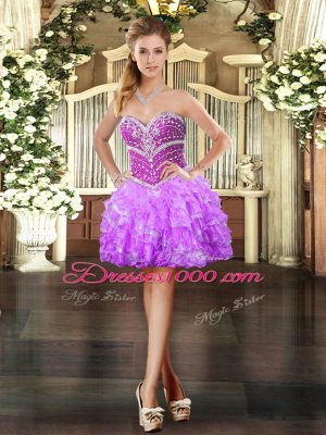 Customized Lilac Ball Gowns Organza Sweetheart Sleeveless Beading and Ruffled Layers Mini Length Lace Up Evening Dress