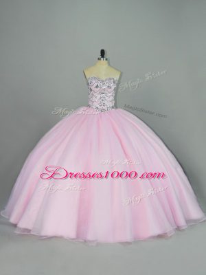 Exquisite Sleeveless Tulle Lace Up Vestidos de Quinceanera in Baby Pink with Beading