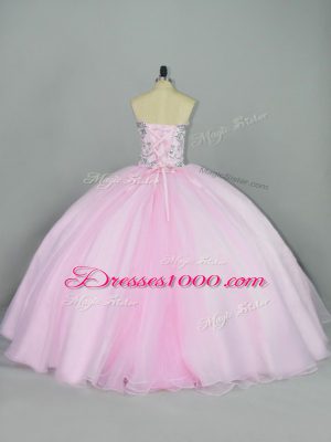 Exquisite Sleeveless Tulle Lace Up Vestidos de Quinceanera in Baby Pink with Beading